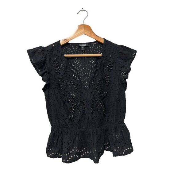 Express Eyelet Lace Black Scallop Sleeve Blouse Beaded Embellished Size Small - Picture 1 of 16